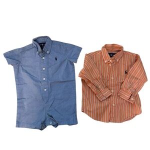 Ralph Lauren Blue Button-Up Romper & Orange Striped Button-Down Shirt Size 18 Mo